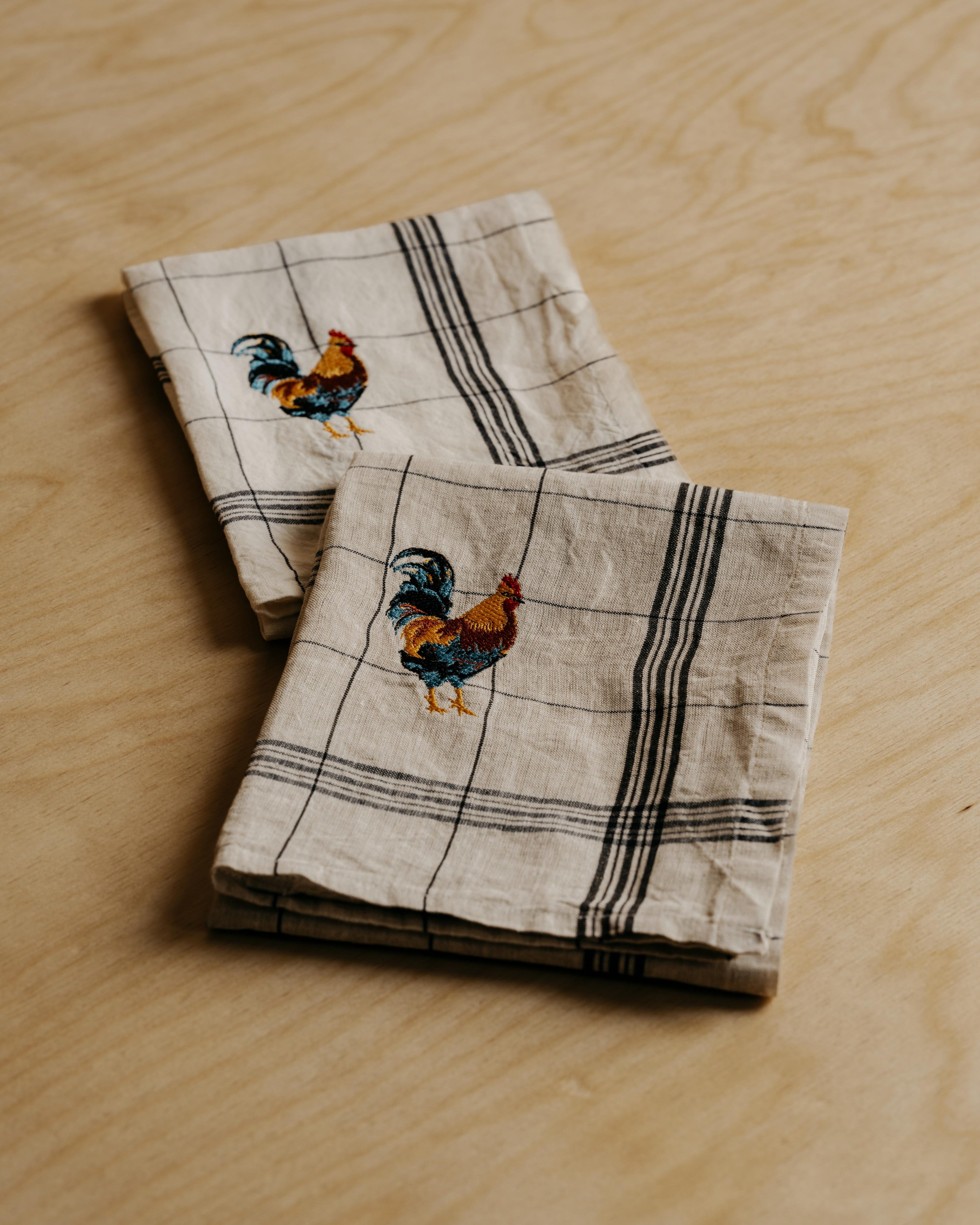 Embroidered Rooster Linen Tea Towel