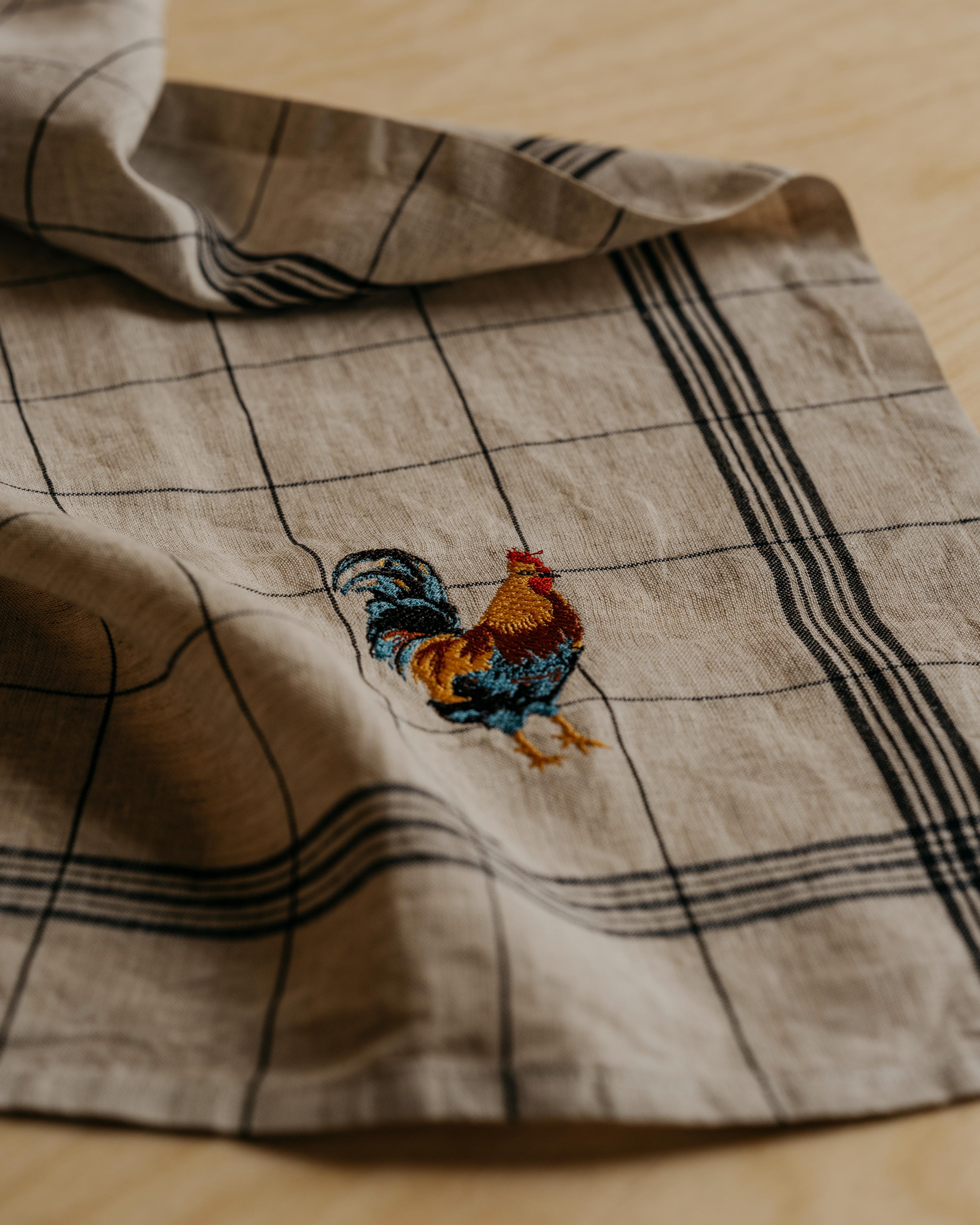 Embroidered Rooster Linen Tea Towel